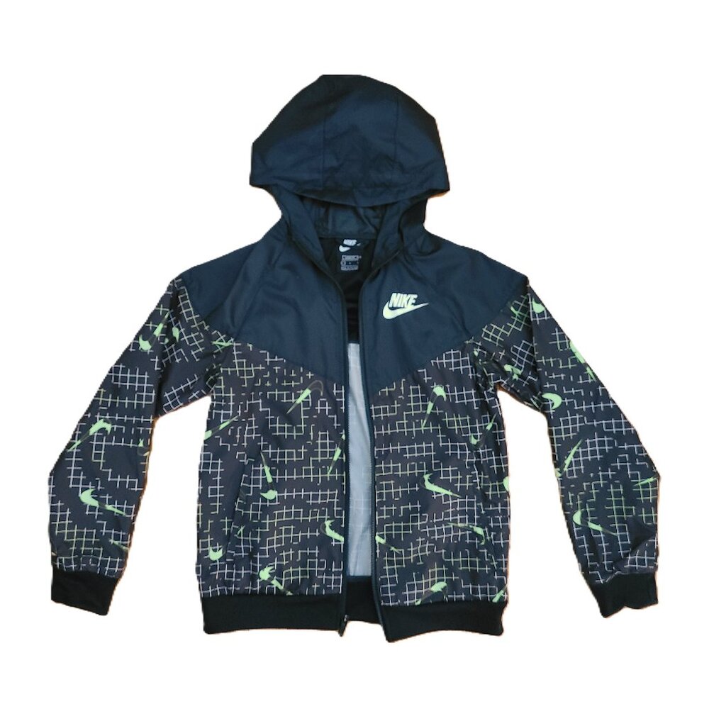 Nike Boys Loose Fit Black Windbreaker Neon Green Logos Size Large (Age 12-13)